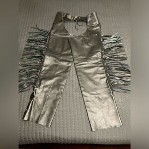 Braided Fringe Black Leather Fully Lined Motorcycle Riding Chaps Pants Women XS
